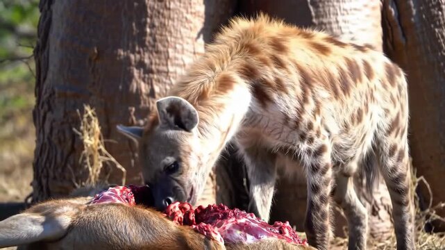 Spotted hyena eating prey in wildlife, safari. Wild animal in natural habitat with blood on its mouth. Nature scene of hyena feeding on carcass.