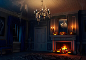 Interior of a haunted Victorian mansion, cobwebs hanging from the chandeliers, glowing jack-o-lanterns on the mantelpiece, eerie atmosphere, gothic horror style.