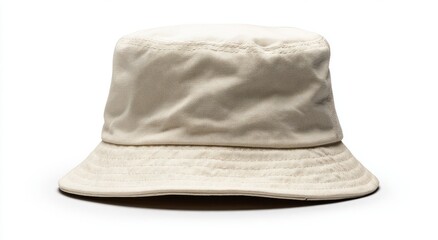 A cream-colored, simple bucket hat;  slightly wrinkled fabric, short brim, clean lines, and a solid, unadorned design