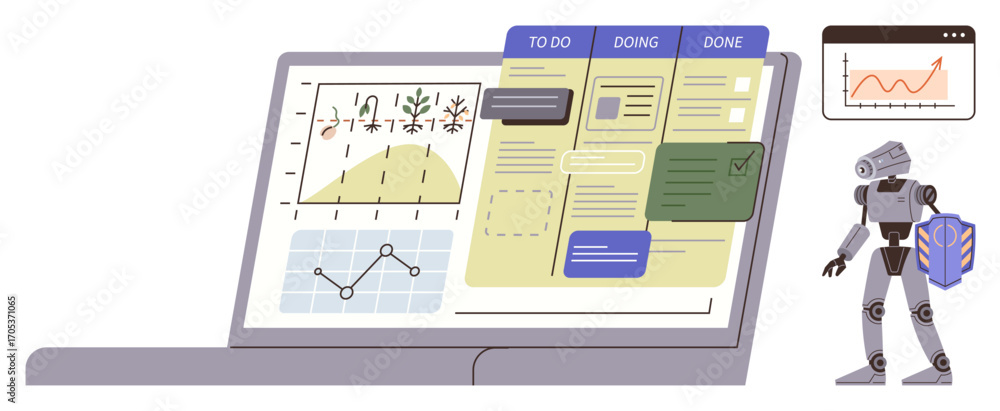 Poster laptop displaying progress charts, taskboard with to-do and done headers, and robot with backpack. i