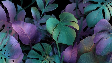 The vibrant leaves of Monstera Deliciosa showcase tropical abundance and nature's beauty, while the purple, green and blue colors create an artistic backdrop.