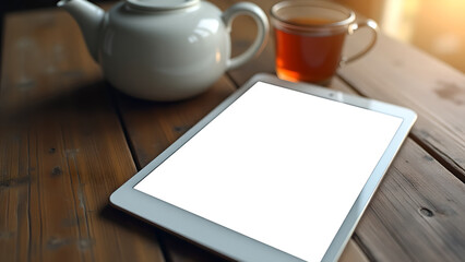 Digital tablet with blank white screen on rustic wooden table, next to teapot and teacups. Minimalist style, perfect for presenting app UI, website design or brand logo.