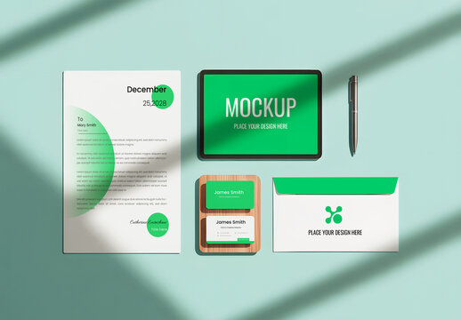 Stationery Mockup Set with Tablet and Pen