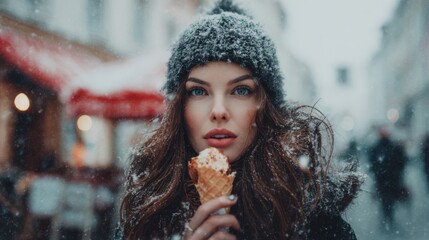 On a snowy day, a beautiful brunette woman licking ice cream from a cone on the street