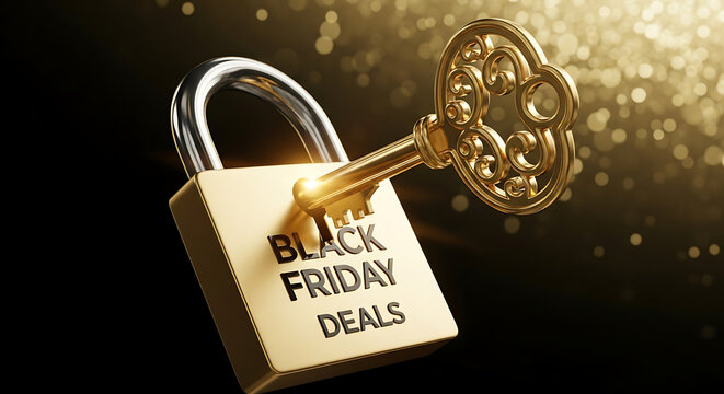 Unlock Black Friday Savings : A golden key unlocks a golden padlock symbolizing access to special promotions and holiday shopping deals - Powered by Adobe