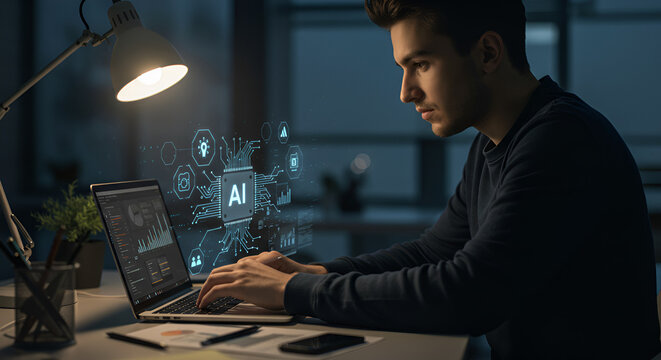 Young professional working on a laptop with AI technology illustration overlay - Powered by Adobe