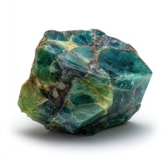 A rough, multifaceted teal and green gemstone, exhibiting variations in color and texture, rests on a white background