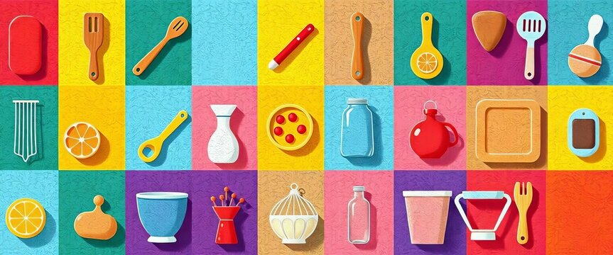Vibrant geometric icons of baking tools, ingredients & utensils Nordic style, textured digital art,  tools,  scale - Powered by Adobe