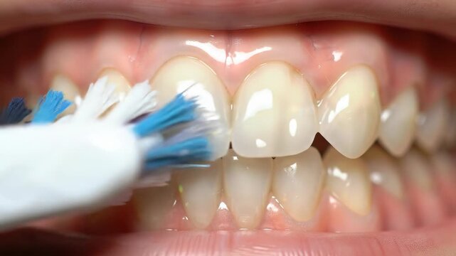 Close-up: toothbrush cleaning teeth for dental care and oral hygiene, promoting healthy lifestyle with white teeth.