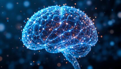 A luminous, interconnected network representing a human brain, pulsing with vibrant blue light and glowing orange nodes, symbolizing intelligence and neural activity