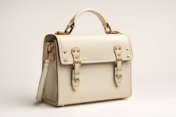 Off-white leather handbag with gold buckles, top handle, and detachable shoulder strap; structured rectangular shape with subtle stitching details