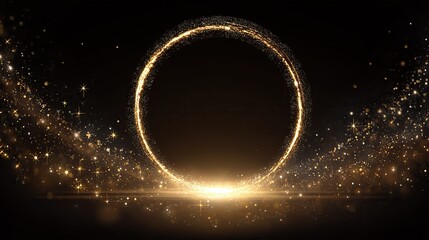 Gold round glitter frame with glitter particles effect on black background.