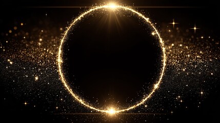 Gold round glitter frame with glitter particles effect on black background.