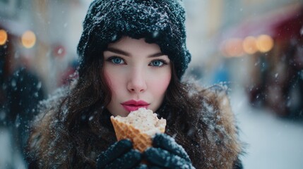 On a snowy day, a beautiful brunette woman licking ice cream from a cone on the street
