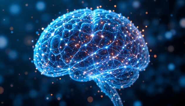 A luminous, interconnected network representing a human brain, pulsing with vibrant blue light and glowing orange nodes, symbolizing intelligence and neural activity