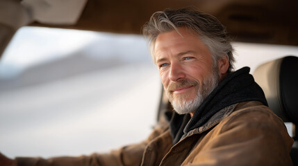 a beach highway with dunes and gulls cluttered shore with shells soft natural light reflecting off sand a middle aged man driving with a smile natural poses as he shifts