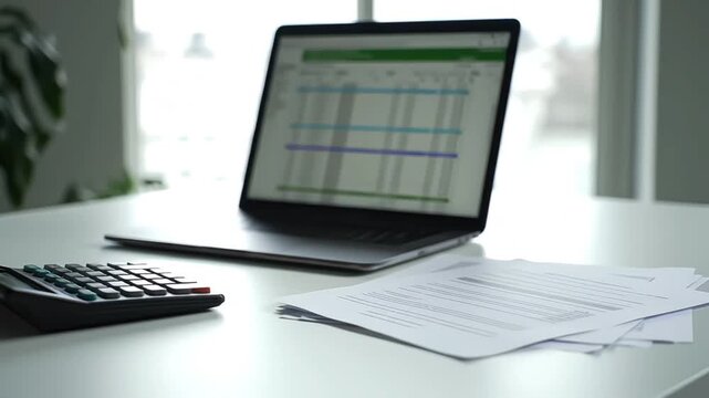 A laptop displays a spreadsheet with a calculator and papers on a white desk near a window.