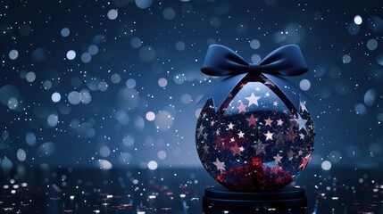 Elegant celestial sphere ornamented with stars and bow on a sparkling blue background