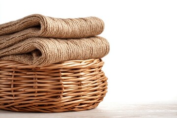 Obraz premium Stacked tan knit sweaters rest atop a light brown wicker basket, against a white background