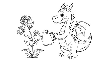 Cute dragon watering flowers