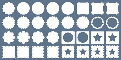 Collection of white decorative frames and shapes on a muted blue background