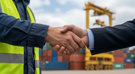 Businessman and Shipping Manager Shaking Hands at Cargo Terminal