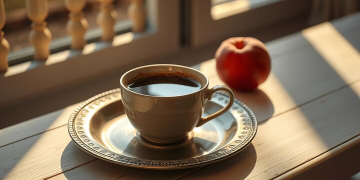 Warm morning light illuminates a cup of coffee on a vintage metal plate atop a white wooden table, accompanied by a peach, texture, home