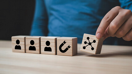 Hand placing a wooden block with a network icon symbolizing connection and growth into a line of customer icons and a magnet