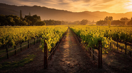 Naklejka premium A picturesque vineyard bathed in golden sunlight, portraying tranquility and natural harmony.