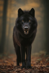 Front view of majestic black wolf in autumn forest with golden leaves, front view of wild animal with piercing eyes on woodland path