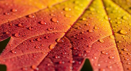 Maple Leaf Macro Shot Highlighting Morning Dew Drops