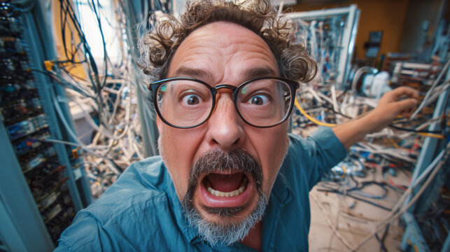 Stressed middle aged Caucasian man with glasses in server room overwhelmed by tangled cables, concept for technical frustrations and IT issues