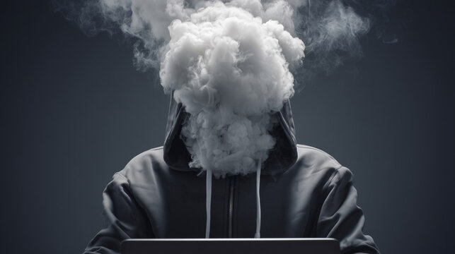 Mysterious person in hoodie with cloud of smoke obscuring face, concept for anonymity and cyber security