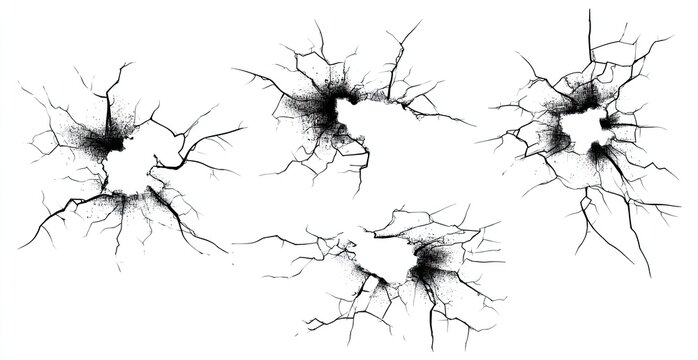 Four black shattered glass effect images on a white background. Each shows a circular hole with radiating cracks - Powered by Adobe