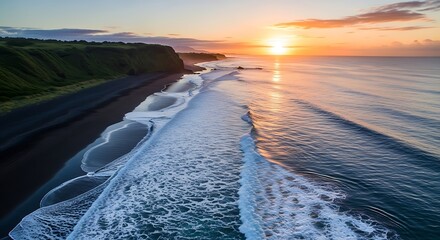 Ocean Surf Crashing On Black Sand Beach Aerial View