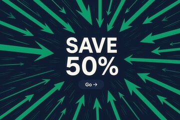 Promotional banner with SAVE 50% offer, dynamic burst style, attention-grabbing retail discount sale.