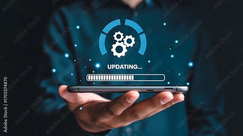 Aufkleber person holding smartphone displaying digital interface with updating progress bar and gears icon sym