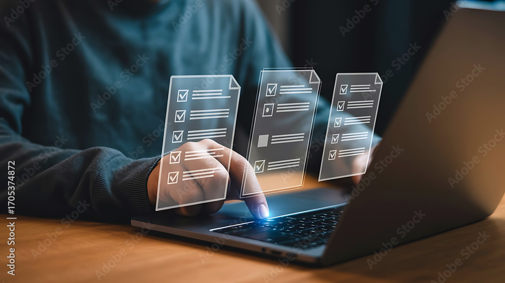Poster close up of a person s hands interacting with holographic data projected from a laptop computer scre