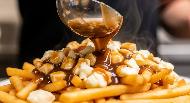 Preparing poutine dish with fresh fries and savory topping