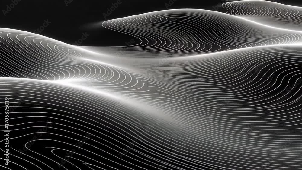 Poster abstract waves background animation loop silver lines on black seamless pattern motion graphics 1080