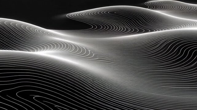 Abstract waves background animation loop silver lines on black seamless pattern motion graphics 1080p