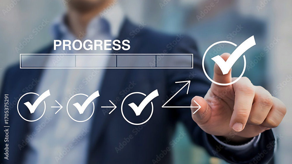 Poster businessman s finger points to a completed task on a digital progress bar with checkmarks signaling 