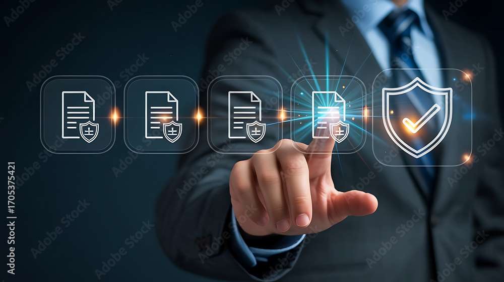 Poster businessman s finger touches digital interface showing document icons and a security shield with che