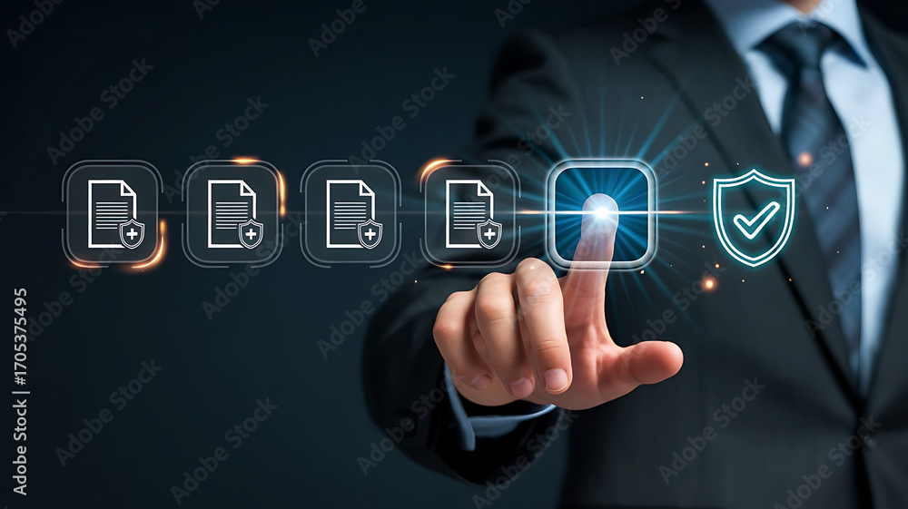 Poster businessman s hand interacts with digital icons representing document management security and verifi
