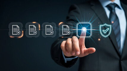 Businessman s hand interacts with digital icons representing document management security and verification processes