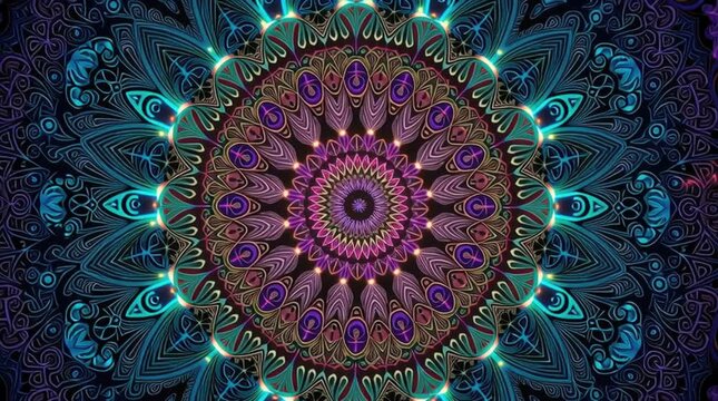 Hypnotic Mandala Animation Teal, Purple, and Gold