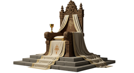 Ornate throne with a golden chalice isolated on transparent background