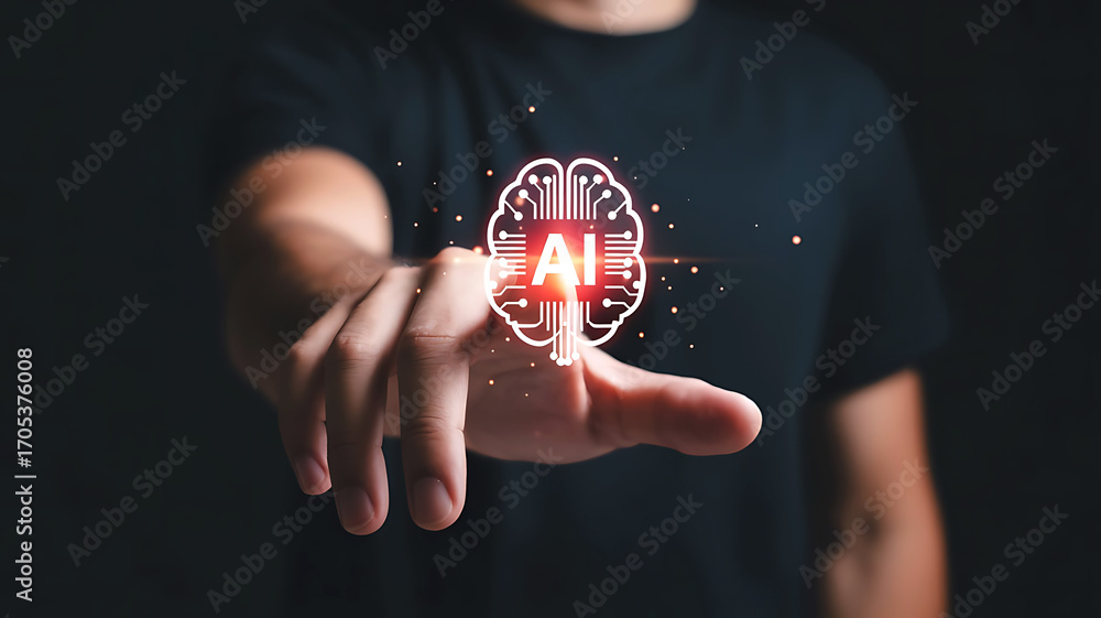 Poster person s hand reaching out to touch glowing digital brain with ai text symbolizing artificial intell