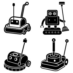 Collection of four black and white cartoon robots with various designs and cleaning implements present