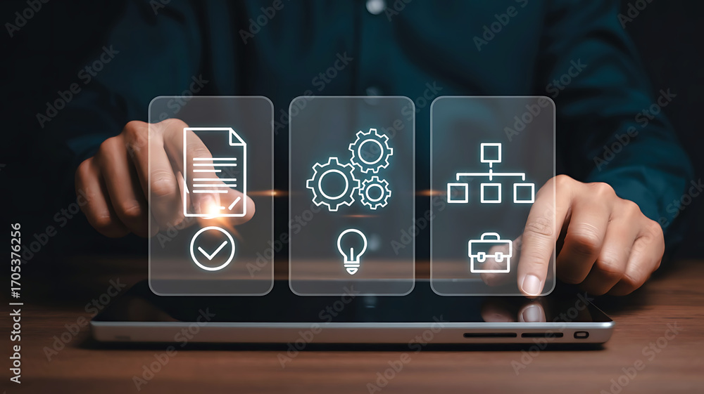 Poster person interacting with digital interface showing process flow document gears and success icons on a